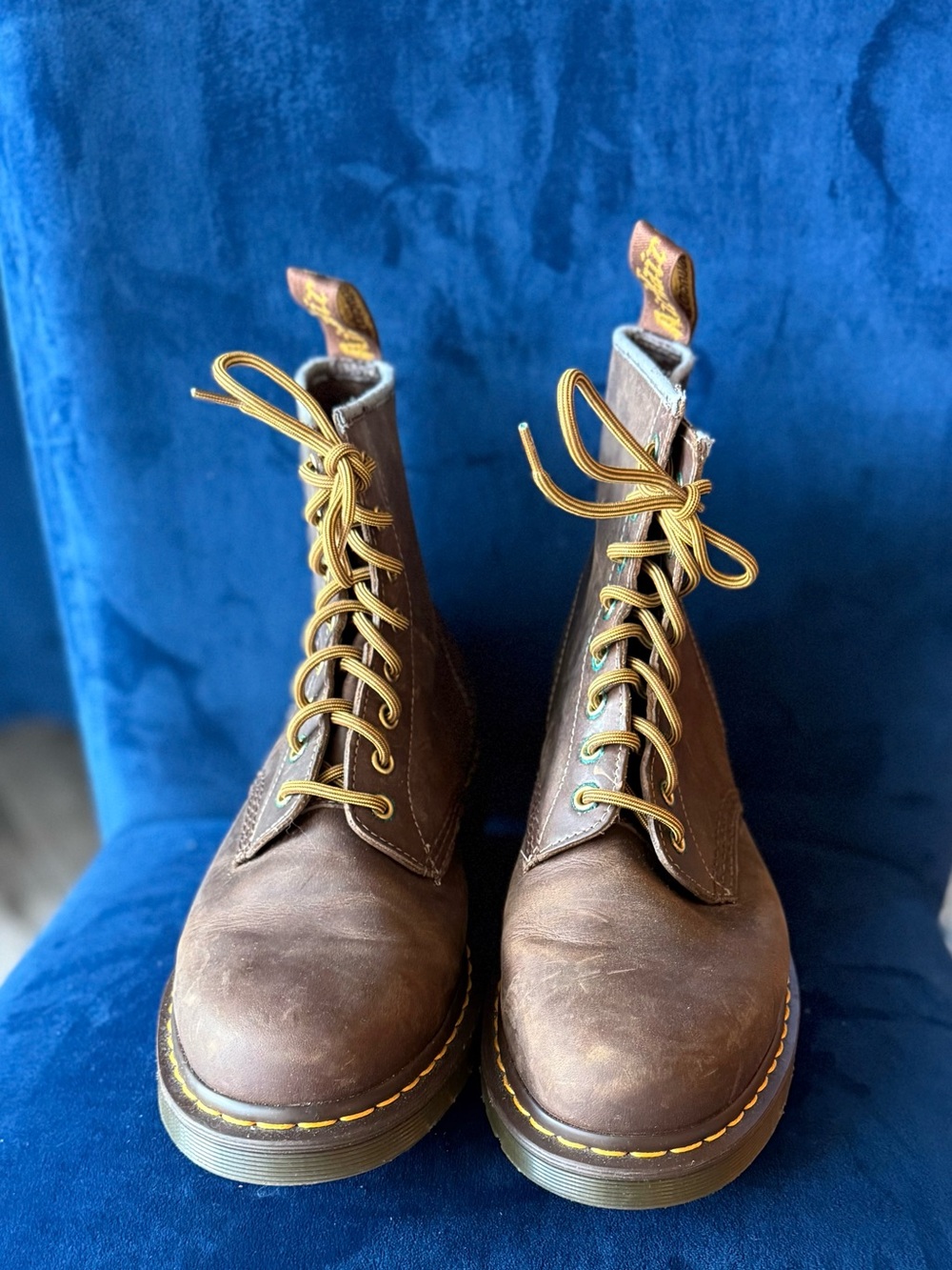 Dr. Martens Brown Leather Lace-Up Work Boots with Yellow Stitching - Picture 2 of 6